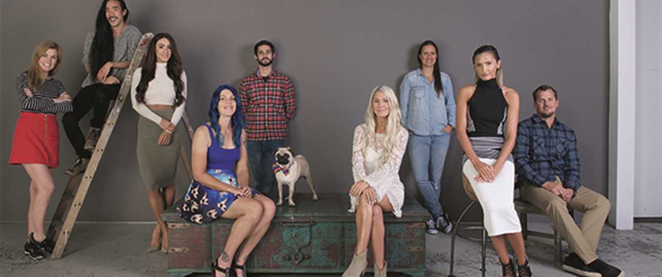 FROM LEFT Pippa McManus, Jarrad Seng, Steph Pacca, Ellie Hoppe and Eric Bruni (owners of Tofu the dog),  Helen Janneson Bense, Emma Galloway, Chloe Poliwka and Russell Ord. Photography Stef King