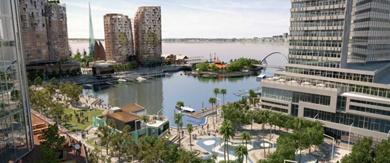 The proposed view of Elizabeth Quay from Station Park