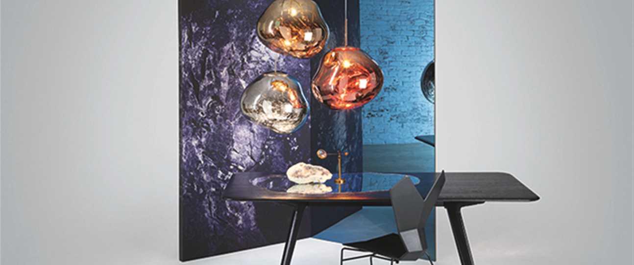 Melt luminaire in copper, chrome and gold, by Tom Dixon.
