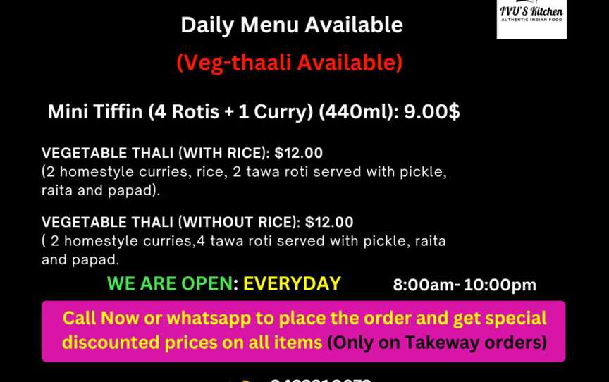 We open everyday.

Mon - Sun: 8:00am - 10:00pm

Place your order via phone for takeaway to get special discount!