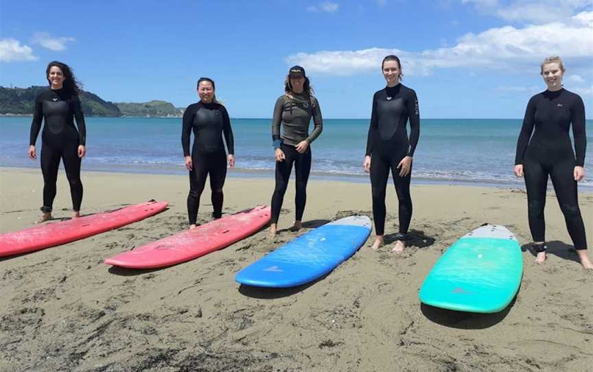 Surfing with Sarah Gisborne Surf Lessons, Awapuni, New Zealand