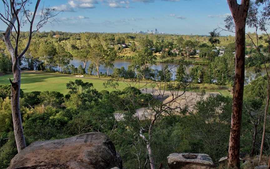 View across Rocks Riverside Park to the Brisbane River and beyond to the Brisbane CBD on the horizon, Seventeen Mile Rocks, 2019.jpg