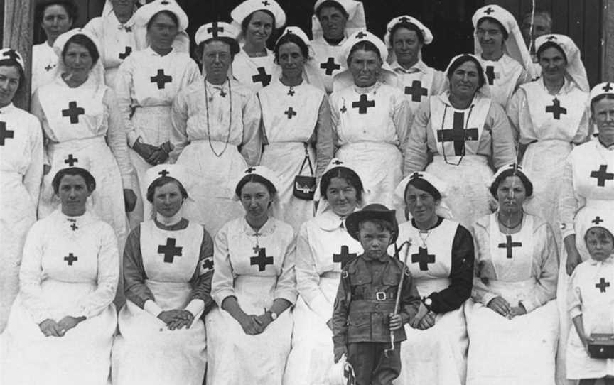 Portrait of female Red Cross workers taken on Redcross Day, Coalstoun Lakes, 1918 (8862637730).jpg