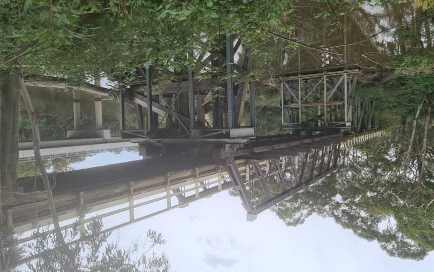 Old and new Charleyong bridges over Mongarlowe river at Marlowe, New South Wales from below in December 2020.jpg