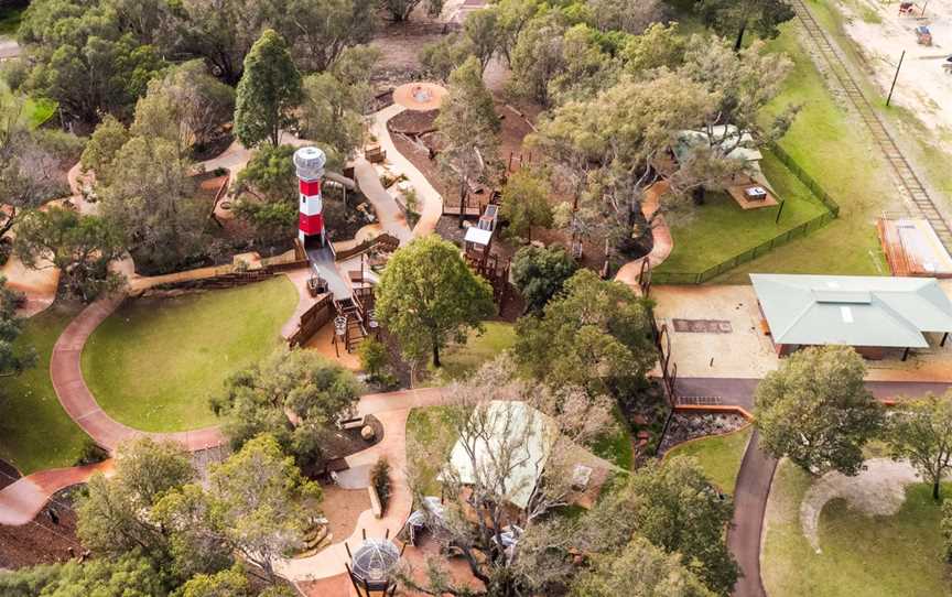Aerial view of Pia's Place all-abilities play space, Mussel Pool, Whiteman Park