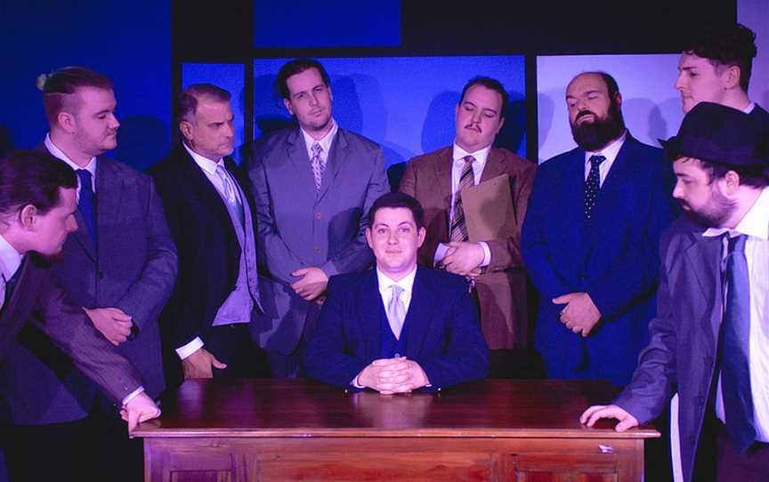 How to Succeed in Business Without Really Trying features Aaron O’Neil, left, Phil Bialas, Dale Pendlebury, Ben Cooke, Chris Alvaro, Callum Presbury, Matt Walford, Liam Tickner and Jason Nettle (sitting).