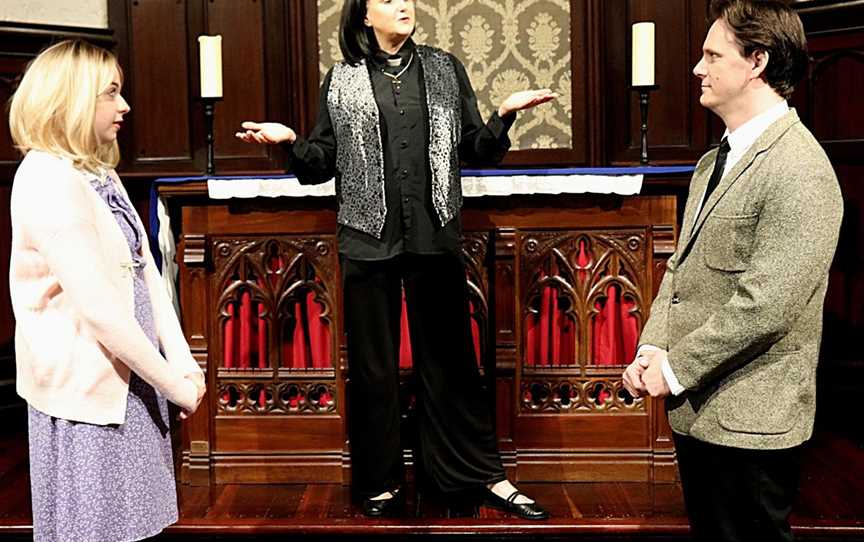 Geraldine (Meredith Hunter, centre) plays matchmaker with Alice (Morgan Halket, left) and Hugo (Peter JD Clarke) in The Vicar of Dibley.