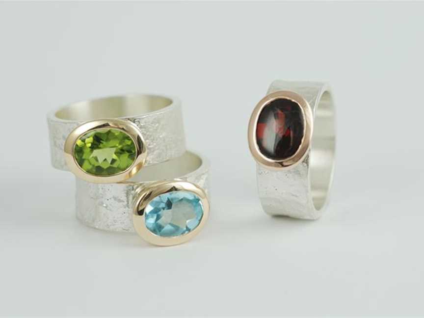 Sterling silver rings with 9ct yellow gold and semi-precious stones
