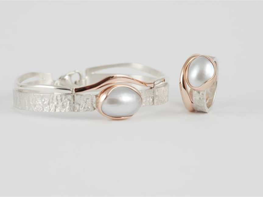 Sterling silver bracelet and ring with 9ct rose gold and Broome mabe pearls