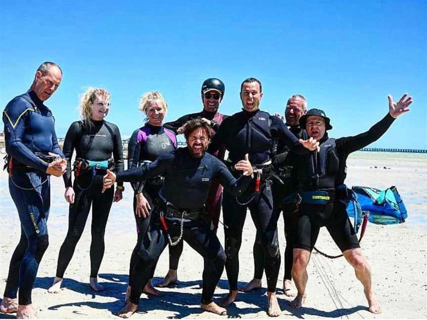 Matt from RIDE Kitesurfing with several students after a kitesurfing lesson in Adelaide.