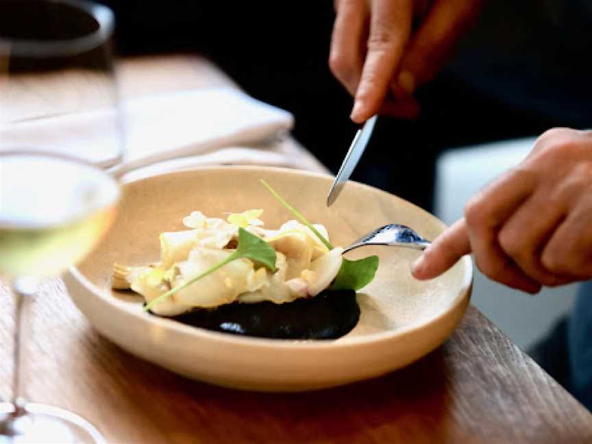 La Cachette Bistrot Geelong: Cuttlefish, Artichoke, Ink and Buddha's Hand Lemon. Menu changes every 3 weeks to celebrate seasonality.