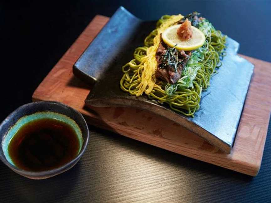Kawara Soba: Green tea buckwheat noodle served on a hot plate.