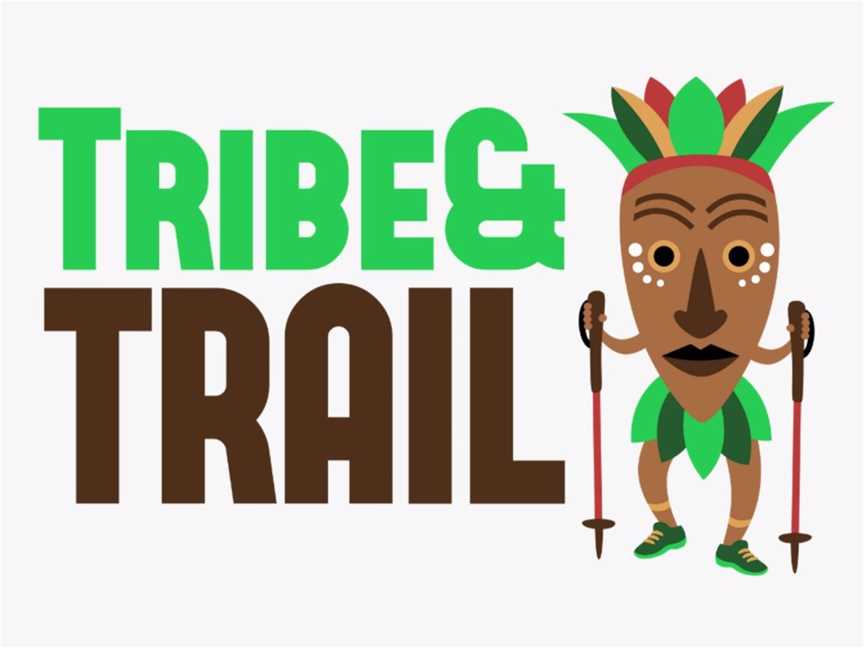 Tribal Chief with hiking poles standing next to the words Tribe&Trail