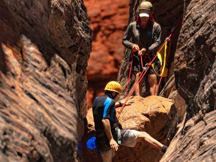 Knox Gorge, Karijini National Park, class 6 restricted canyoning tour. The lower onto the Natural Rock Slide.