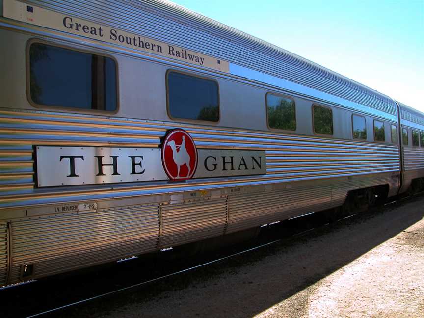 Sideviewofpassengercarwithliveryof The Ghantrain( Great Southern Railway)