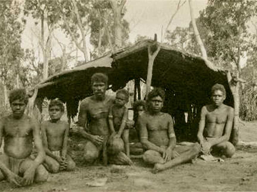 Aboriginal boys and men in front of a bush shelter - NTL PH0731-0022.jpg