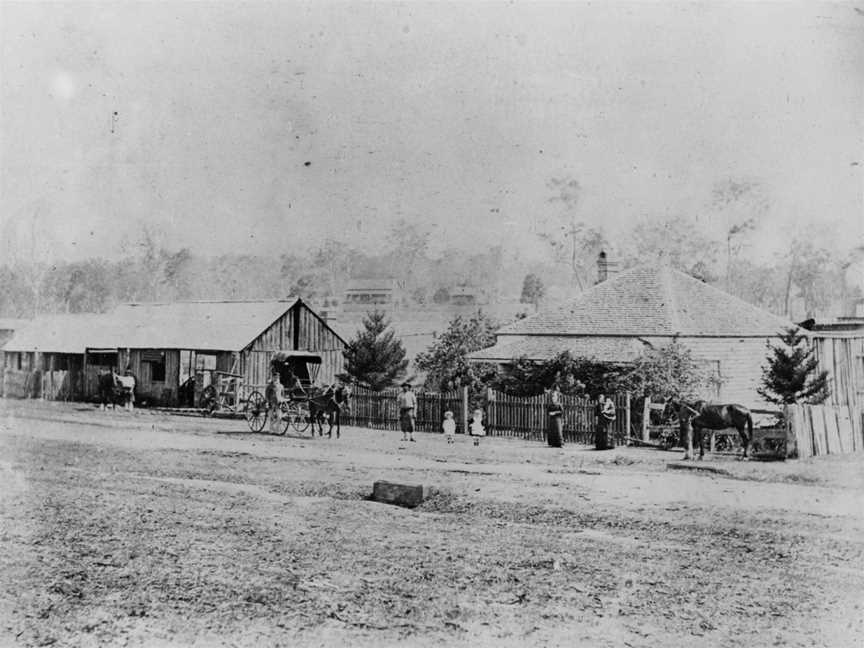 Earlystreetscapeof Brisbane Terrace CGoodna Cshowingthetransportandresidentsofthearea Cca.1870