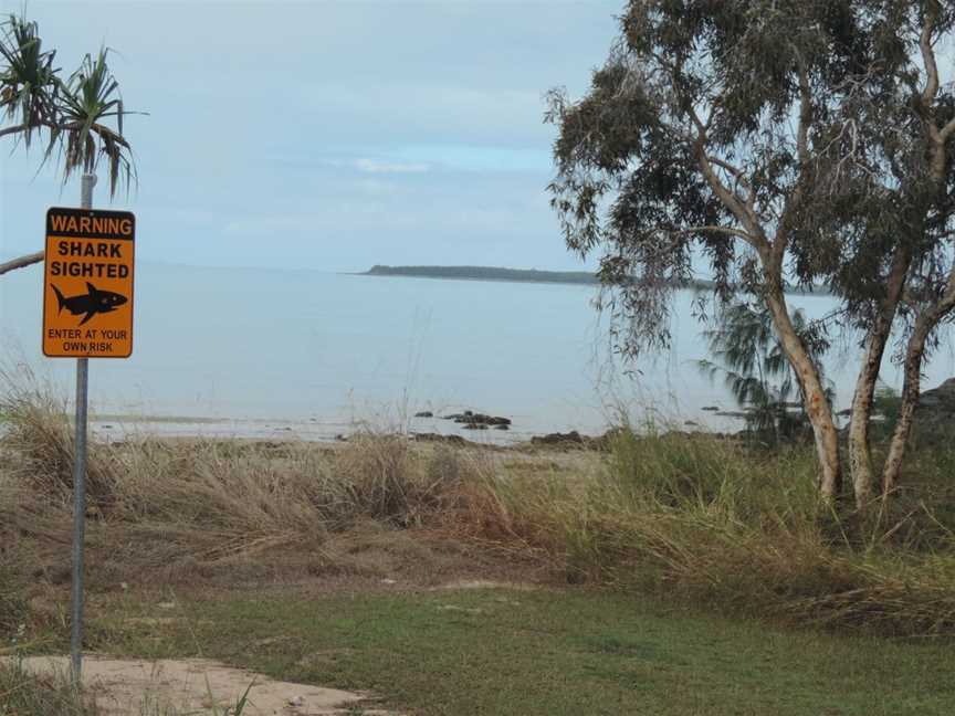 Sign about shark sighting on the beach at Clairview, Queensland, 2016.jpg