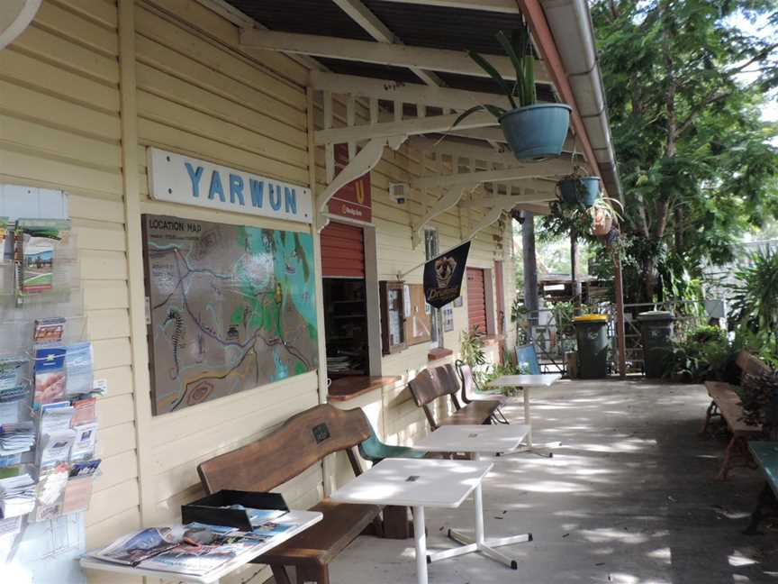 Village Kiosk (formerly Yarwun Railway Station), relocated in 2003 to Calliope River Historical Village (closeup), 2014.JPG