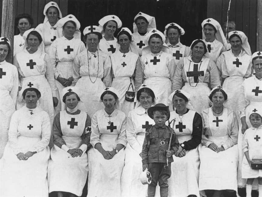Portrait of female Red Cross workers taken on Redcross Day, Coalstoun Lakes, 1918 (8862637730).jpg