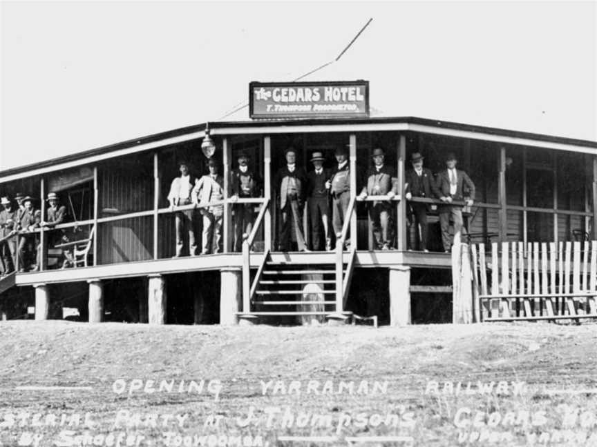 StateLibQld 2 179707 Ministerial party at The Cedars Hotel, Upper Yarraman, for the opening of the railway, 1913.jpg