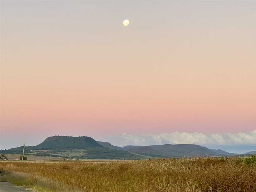 Sunset and moonrise over Main Range National Park seen from Clintonvale, Queensland, 2021.jpg