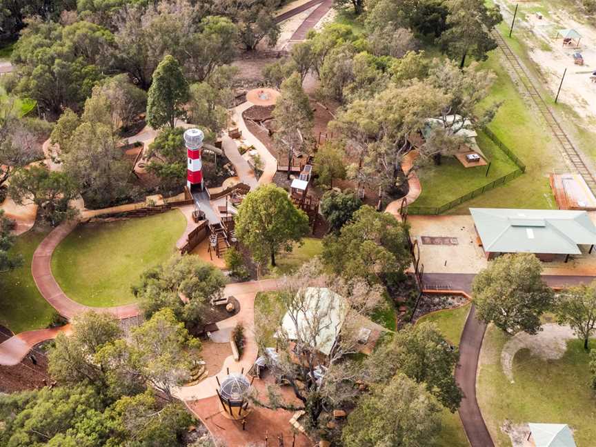 Aerial view of Pia's Place all-abilities play space, Mussel Pool, Whiteman Park