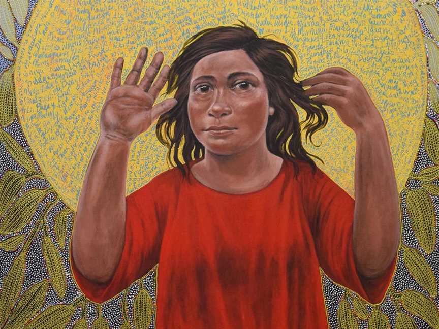 Julie Dowling, 'Mardubaya Irra (growing language)' (detail), 2018, acrylic, red ochre, plastic on canvas, 119 x 89 cm