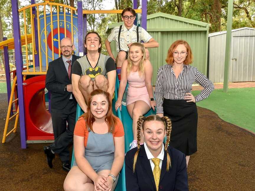 Rory Cornelius, left, Max Gipson, Jarvys McQueen-Mason, Megan McDonald, Nicole George, at back, and Dylan Dorotich and Breanna Redhead, at front, are appearing in The 25th Annual Putnam County Spelling Bee.