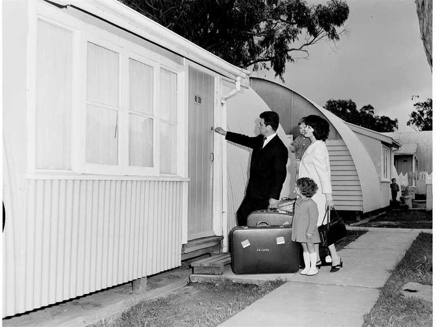 A Place to Call Home - A migrant family enters their new home at Maribyrnong, Victoria, 1965. National Archives of Australia: A12111, 1/1965/22/25