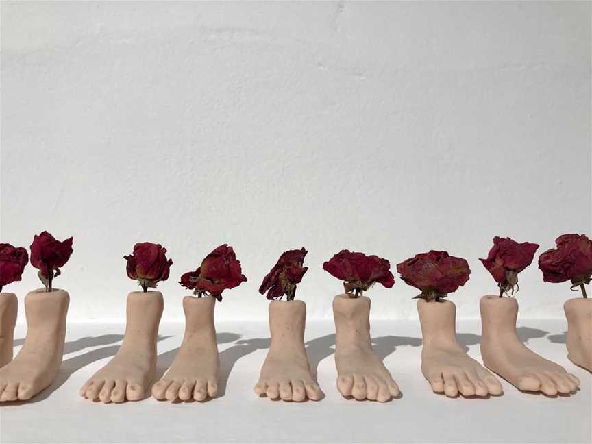 Luisa Hansal, Leaving (2020) detail. Polymer clay & roses from the ocean. Dimensions variable
