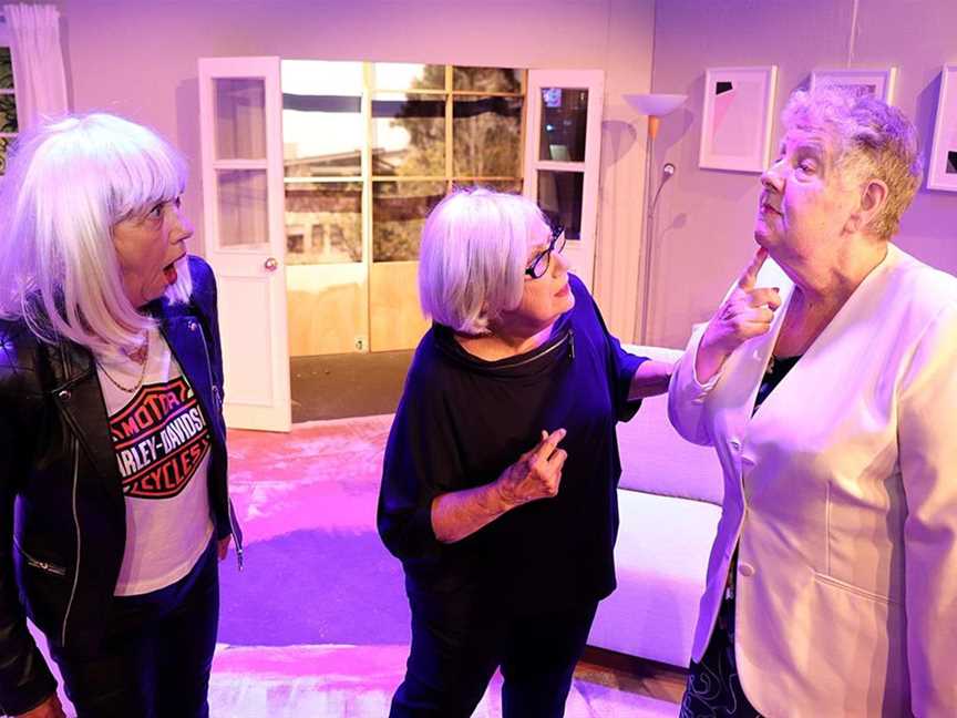 Gloria (Carole Wilson, right) gets to the point with Dee (Ann Speicher) and Millie (Karin Staflund).