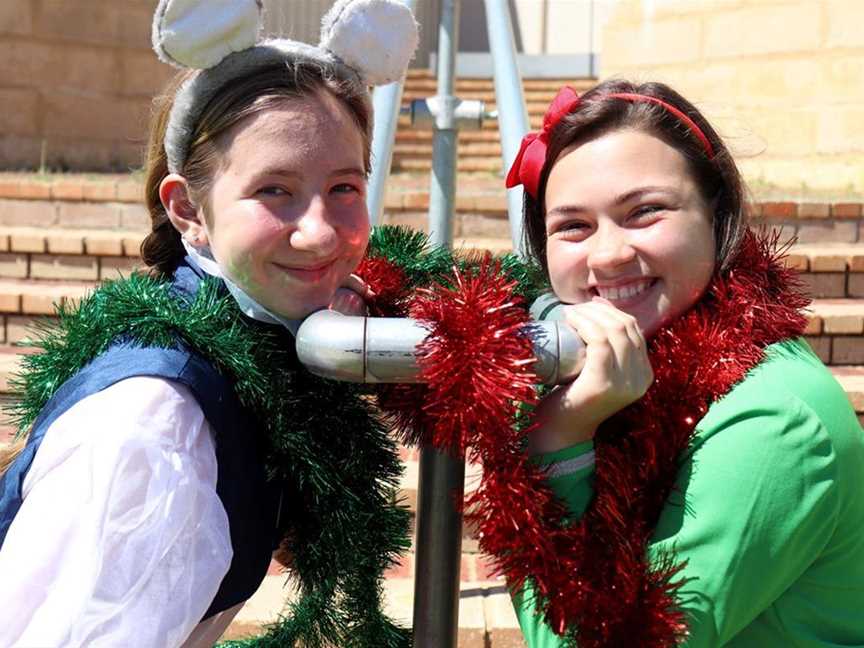 Emily (Caitlyn Bamber, right) and her friend Amos the mouse (Jennifer Wright) in ’Twas The Night Before Christmas.