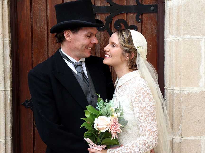 Wedding bells for Jonathon (Alan Gill, left) and Olive (Jaimee Peasley) in Time After Time.