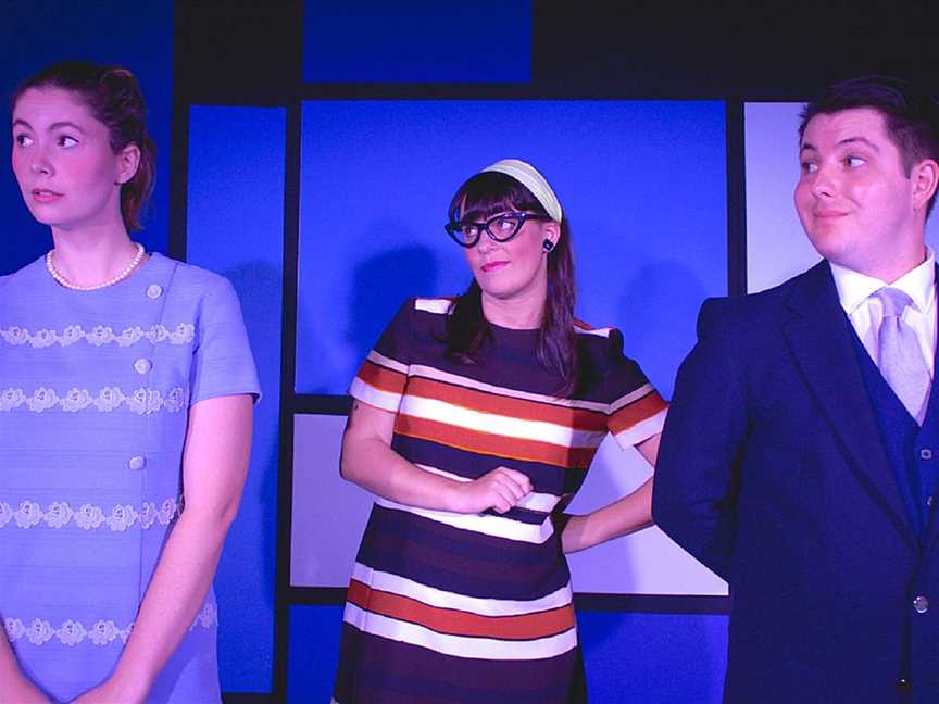 Oniesha Ludlow, left, Isabella Bourgalt and Jason Nettle are appearing in How to Succeed in Business Without Really Trying as part of Roleystone Theatre’s grand re-opening.