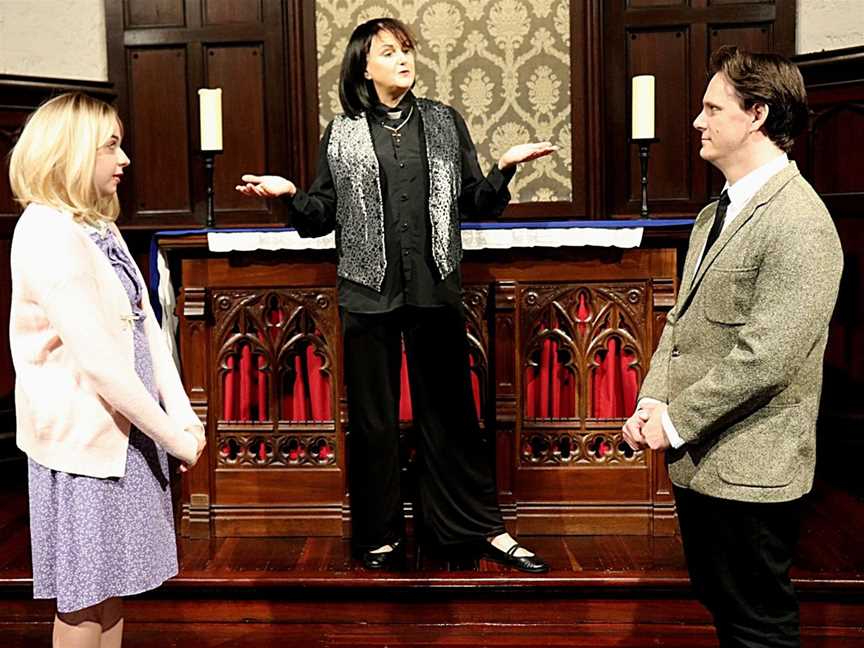 Geraldine (Meredith Hunter, centre) plays matchmaker with Alice (Morgan Halket, left) and Hugo (Peter JD Clarke) in The Vicar of Dibley.