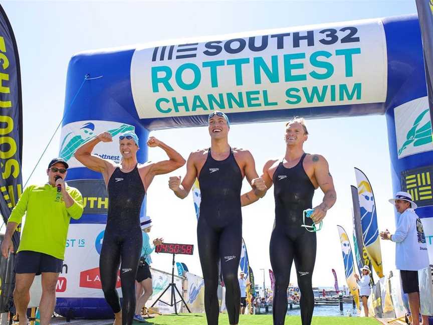 Australian swimmers at the finish line of Rottnest Channel Swim